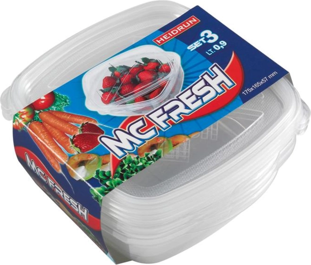 Plastične kvadratne posude s poklopcem HEIDRUN McFresh 0,9 l, set 3 kom