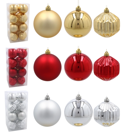 Set božićnih kuglica 8 cm, 16 kom – crvena, zlatna i srebrna, nerazbitne