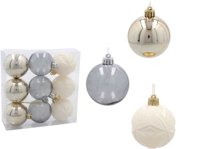 Set božićnih kuglica 6 cm – šampanjac, srebrna i bijela, 9 kom