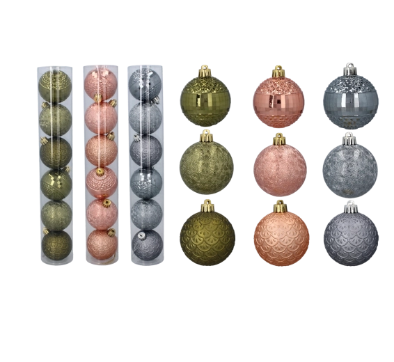 Set od 6 božićnih kuglica 6 cm – maslinasta, bakrena i grafitna