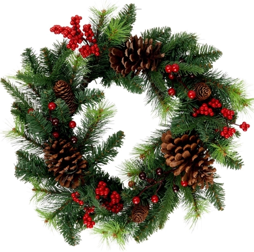 Božićni vijenac 45 cm s češerima i crvenim bobicama