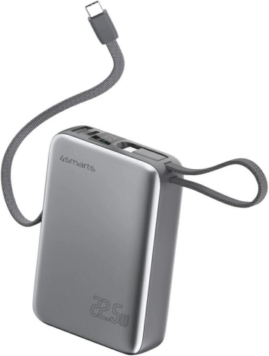 Power banka 4smarts Pocket Dual Cord 20000 mAh, 22,5 W, s ugrađenim USB‑C kabelom 15 cm, siva