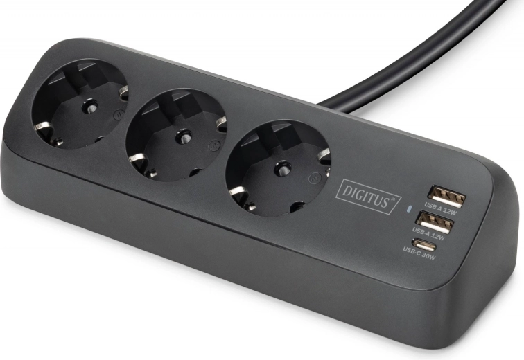 stolna produžna prenaponska letvica s 3 schuko utičnice i usb-a/usb-c sa steznim držačem za stol, crna