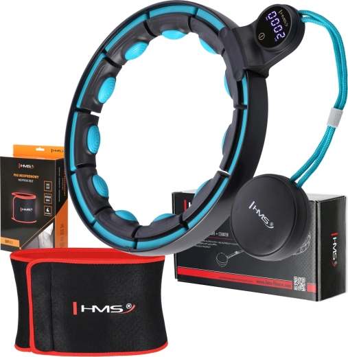 Set masažna hula hoop s utezima i steznim pojasom crna/tirkizna