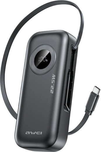 Awei powerbanka PA-9 10 000 mAh 22,5 W s ugrađenim USB‑C kabelom crna