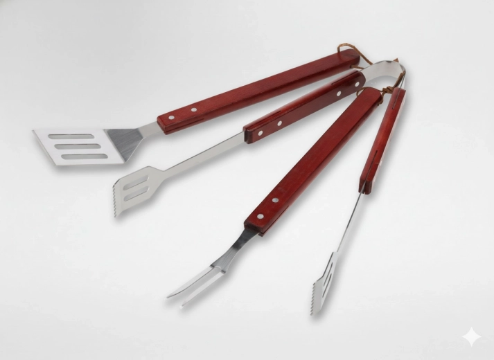 Set od 3 alata za roštilj s drvenim drškama – lopatica, kliješta i vilica