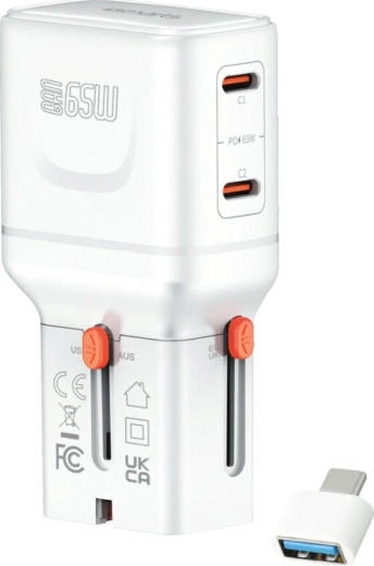 Putni punjač 4smarts World Travel Adapter Nomad Pocket GaN 65 W, USB‑C + USB‑A, bijela
