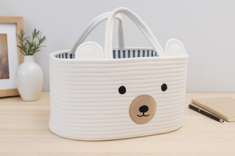 Tekstilna košara za igračke s uškama – bijeli organizator sa životinjicom 32 × 22 × 20 cm