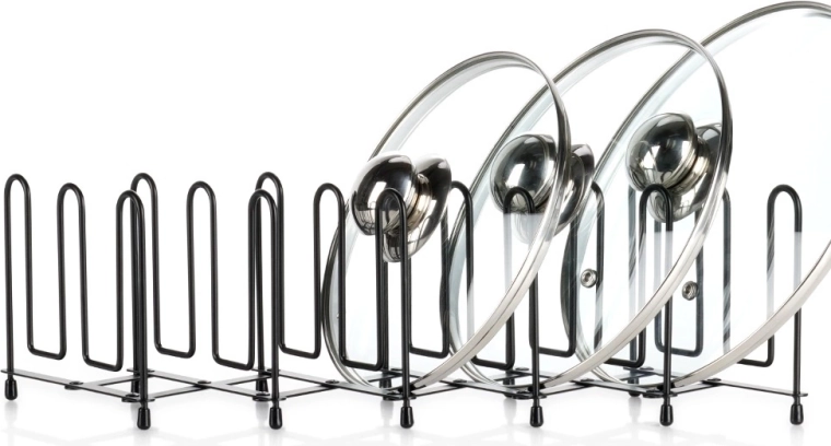 Rasklopivi metalni stalak za poklopce i tanjure, crni, 8–74 cm