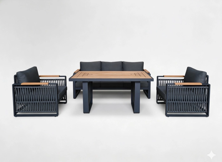 Vrtni lounge set Skopje od aluminija, trosjed, 2 fotelje i stol, siva