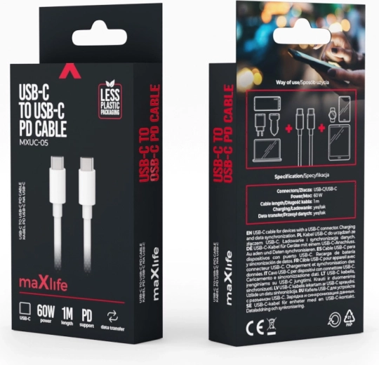 Maxlife kabel USB‑C – USB‑C 1 m, 60 W, bijeli