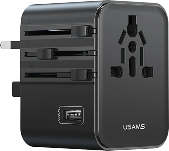 USAMS putni univerzalni adapter i punjač 17 W (2× USB‑C + USB‑A) 4u1 US/AU/EU/UK, crni