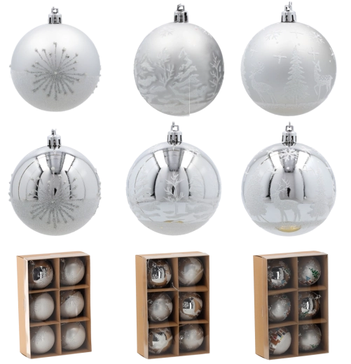 Set srebrnih božićnih kuglica 8 cm – neuništivi ukrasi za bor (6 kom)