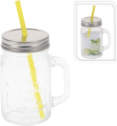 Staklenka s ručkom 450 ml s poklopcem i slamkom Vintage