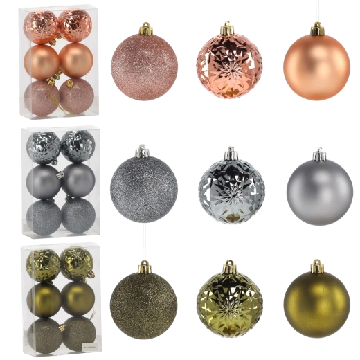 Set božićnih kuglica 7 cm – maslinasta, bakrena i grafitna, 6 kom