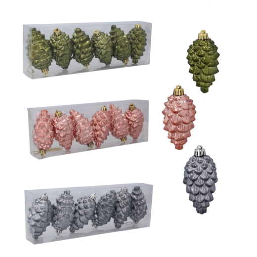 Set božićnih ukrasa šišarke 9 cm – maslinasta, bakrena i grafitna (6 kom)