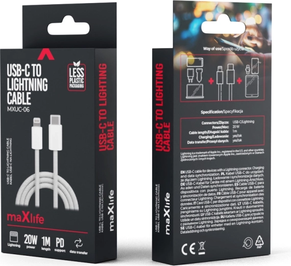 Maxlife najlonski kabel USB‑C – Lightning 1 m, 20 W, sivi