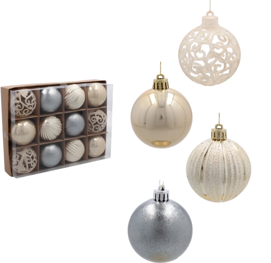 Set božićnih kuglica 6 cm u nijansama šampanjca, sive i bijele – 12 kom