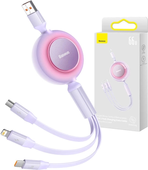 Baseus Bright Mirror 3 USB kabel 3 u 1 za micro USB, USB‑C i Lightning 66 W 1,1 m – Ljubičasta