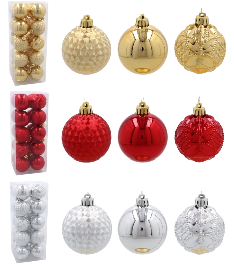 Set od 20 božićnih kuglica 6 cm – crvene, zlatne i srebrne