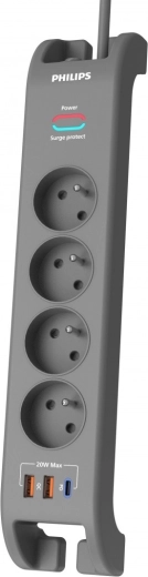 Prenaponski zaštitni produžni kabel 2 m, 4 utičnice, 1× USB‑C, 2× USB‑A, PD 20 W / QC 18 W, 2400 J – Philips