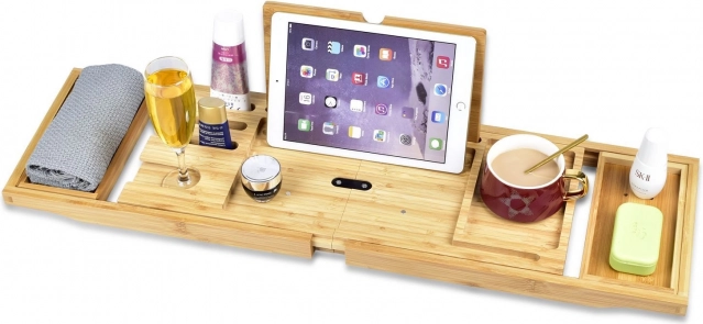 Bambusova polica za kadu s držačem za čašu vina