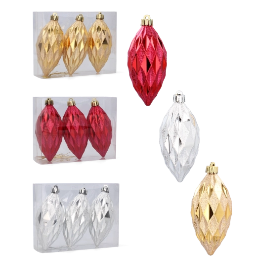 Set izduženih božićnih ukrasa 10 cm – crvena, zlatna i srebrna, kolekcija Tradicionalna
