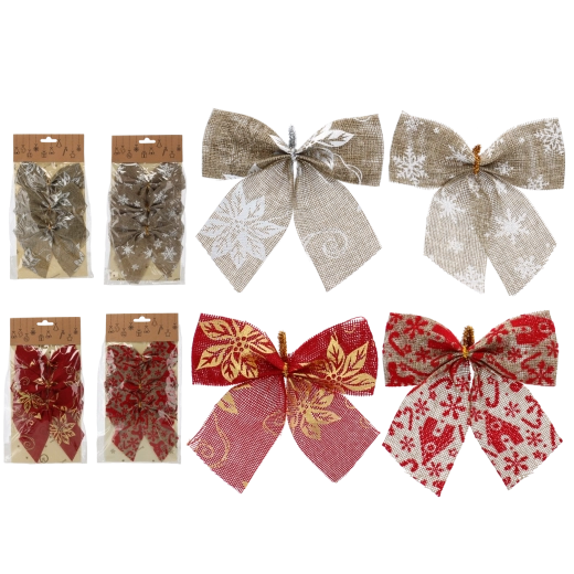 Božićne mašne 12 cm, crvena i prirodna, set 3 kom