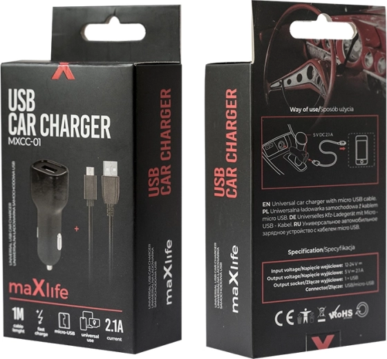 Maxlife auto punjač 2,1 A s microUSB, crna