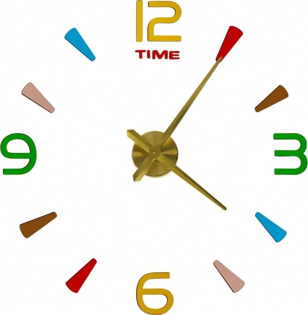 Zidni samoljepljivi DIY sat, 80–90 cm, zlatne kazaljke, šarene oznake, 4 znamenke