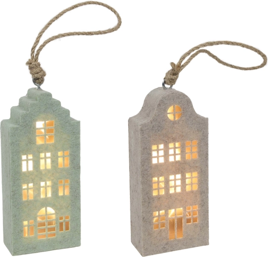 Božićni viseći ukras – filcana kućica s LED, 14,5 cm