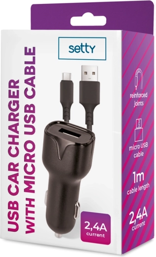 Setty auto punjač 2,4 A s microUSB kabelom 1 m, crna