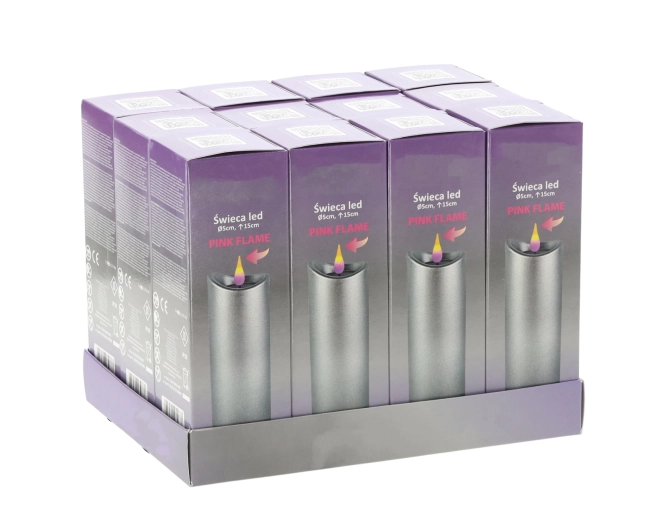 LED svijeća 5 × 15 cm sa srebrnim završetkom i ružičastim plamenom