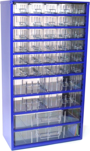 Metalni ladićar TOKOZ, 30 malih, 4 srednje i 2 velike ladice, 30,5 × 55 × 15,5 cm, plava