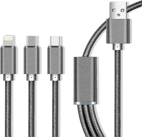 Maxlife najlonski kabel 3-u-1 s brzim punjenjem 2.1 A – Lightning/USB‑C/microUSB, sivi