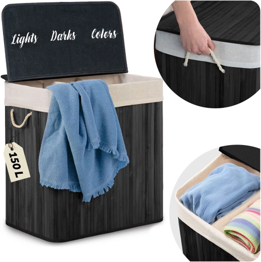 Bambusova košara za rublje s poklopcem 150 l, s 3 pretinca