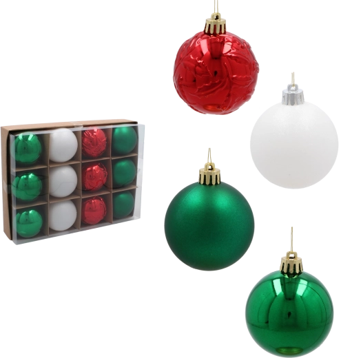 Set božićnih kuglica 6 cm – crvene, zelene i bijele, neuništive, 12 kom