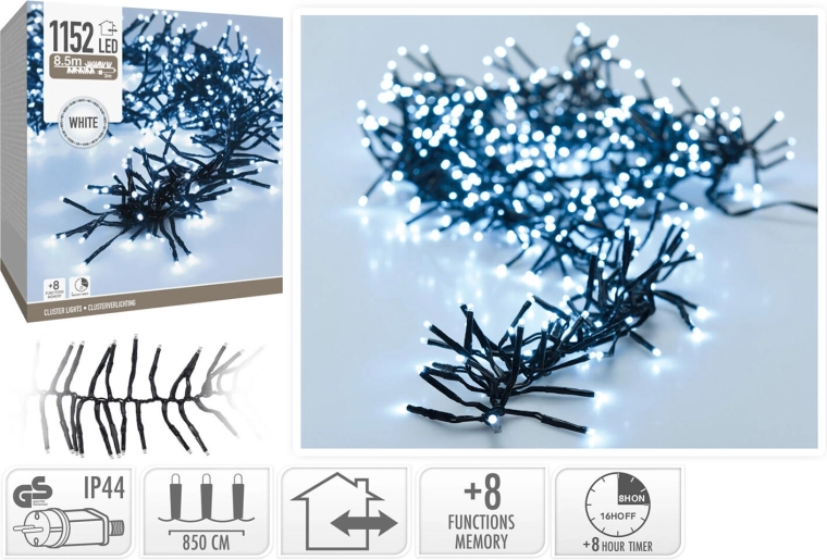 Božićni LED lanac 8,5 m, hladno bijela, 1152 LED, 8 funkcija s timerom