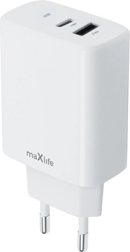 Mrežni punjač MAXLIFE 30 W s USB‑C PD i USB‑A QC, bijeli