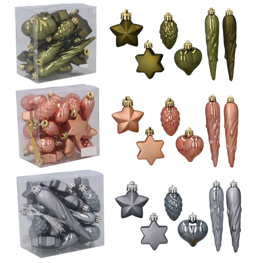 Set od 20 plastičnih božićnih ukrasa – maslinasta, bakrena i grafitna, 4 cm