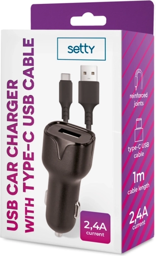 Setty auto punjač 1× USB 2,4 A crni + USB‑C kabel 1 m