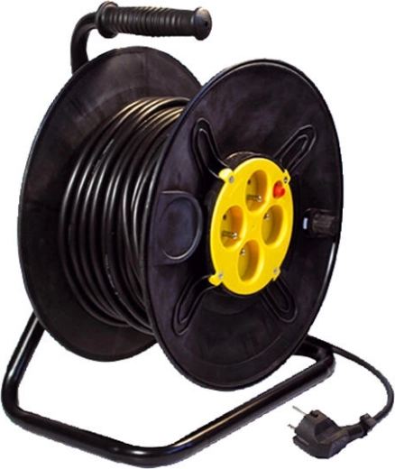 Namotavajući produžni kabel 25 m, 4 utičnice, 3×1,5 mm², crno/žuti