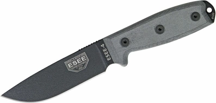 Univerzalni nož ESEE 4 s oštricom 11,4 cm, Micarta, crna/siva, futrola MOLLE