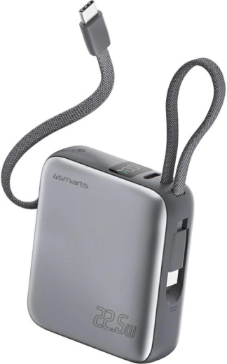 Power banka 4smarts Pocket Dual Cord 10000 mAh 22,5 W s ugrađenim USB‑C kabelom, siva