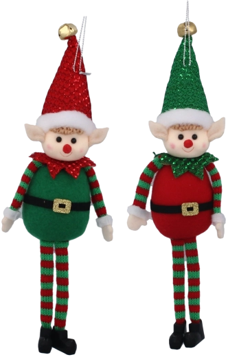 Božićni viseći vilenjak od filca sa šljokicama 10 × 28 cm, crveno‑zeleni, set 6 kom