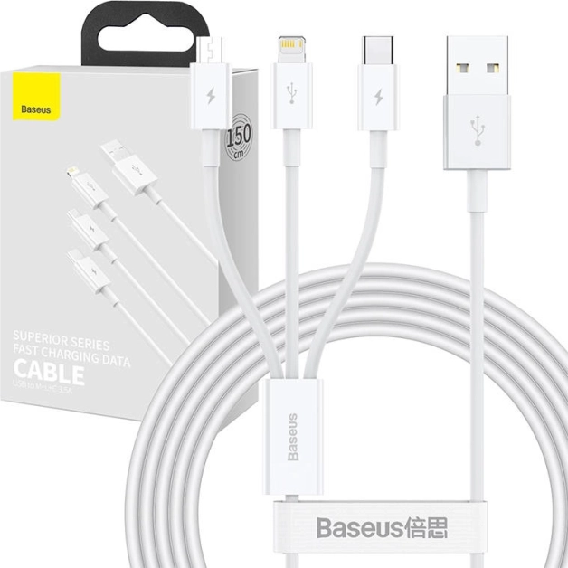 Punjački i podatkovni kabel 3-u-1 Baseus Superior, USB na Micro USB / USB‑C / Lightning, 3,5 A, 1,5 m, bijeli