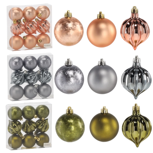 Set božićnih kuglica 6 cm – maslinasta, bakrena i grafitna, 9 kom