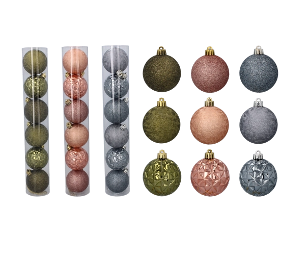 Set božićnih kuglica maslinasta, bakrena i grafitna 6 cm, 6 komada