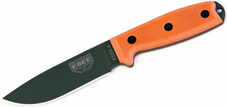 ESEE 4P OD univerzalni nož 11,4 cm, crna završna obrada, narančasta G10 drška, plastična futrola