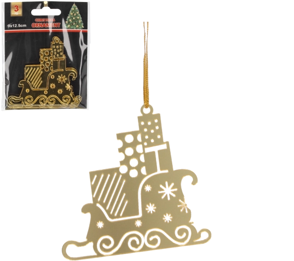 Set od 3 božićnih ukrasa – zlatne saonice Djeda Mraza 8 × 8 cm